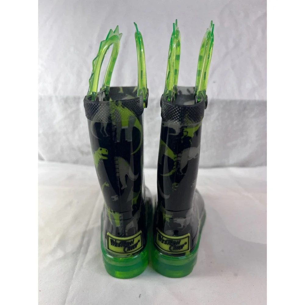 Western Chief Kids Dinosaur Rain Boots Black Green Spiked Handles Size 5 Toddler